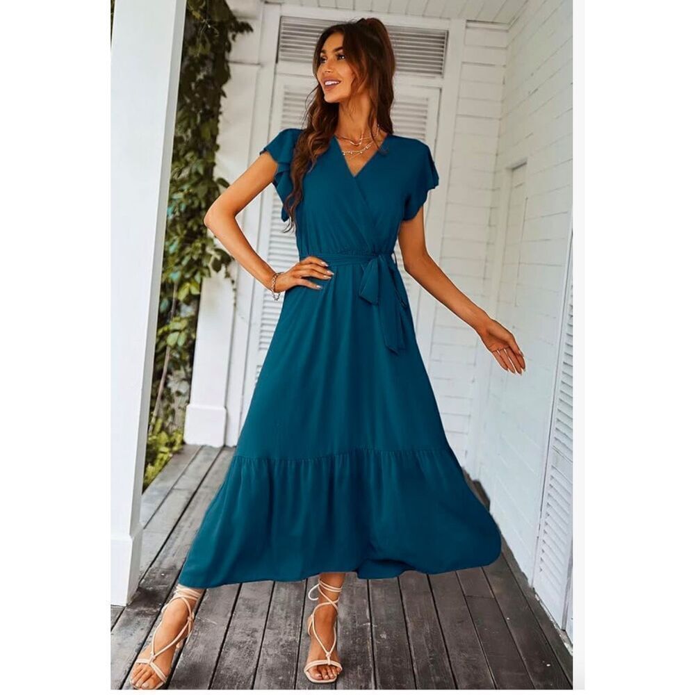 PRETTYGARDEN Women's 2024 Floral Boho Dress Wrap V Neck Short Sleeve Belted Ruff